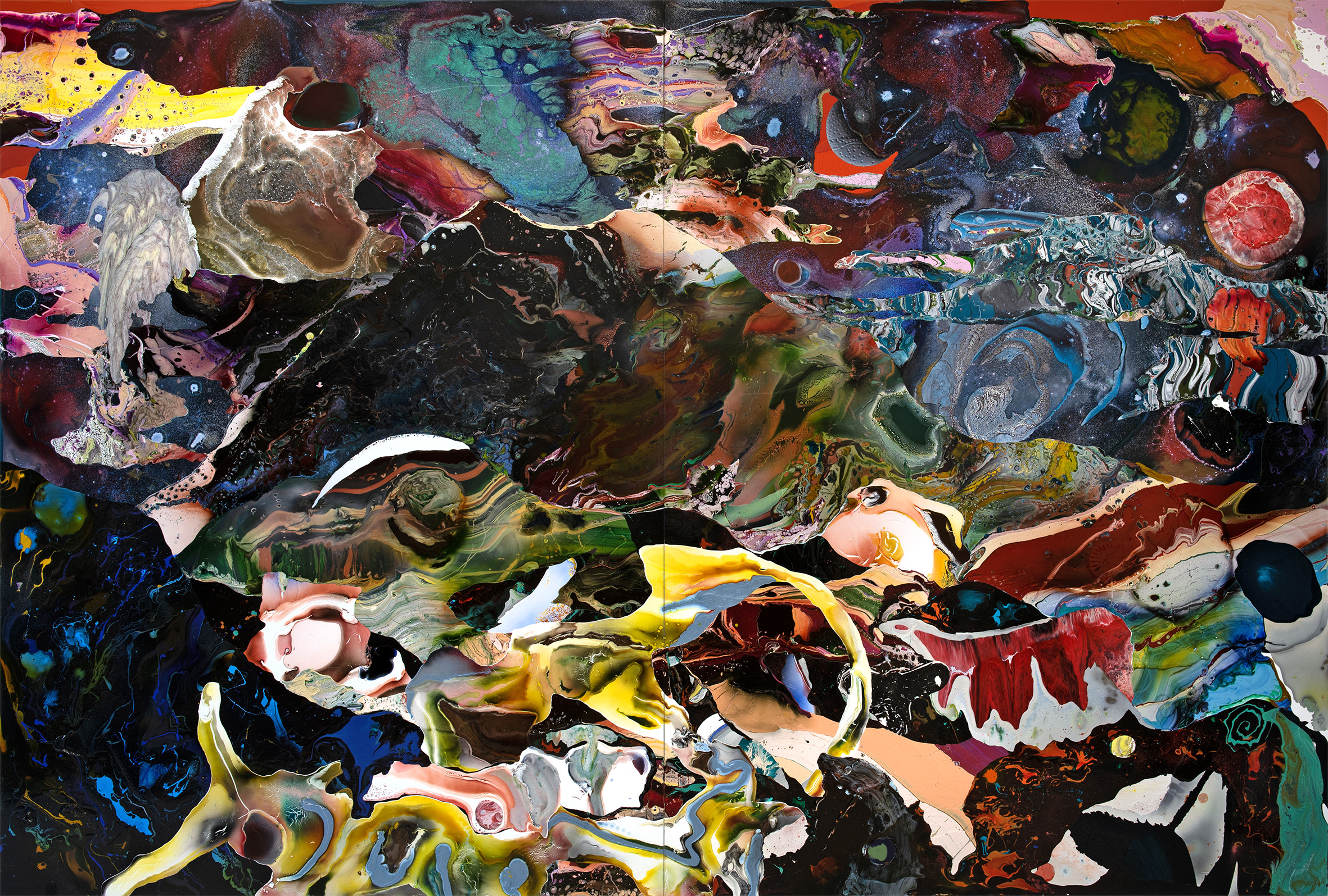 Dave Bopp, aftermath, 2022, Polyurethane-Acrylharzlack, Abtönkonzentrat, Acrylfarbe, Tusche und Pigment auf Aluminium-Verbundplatte, 270 x 400 cm.