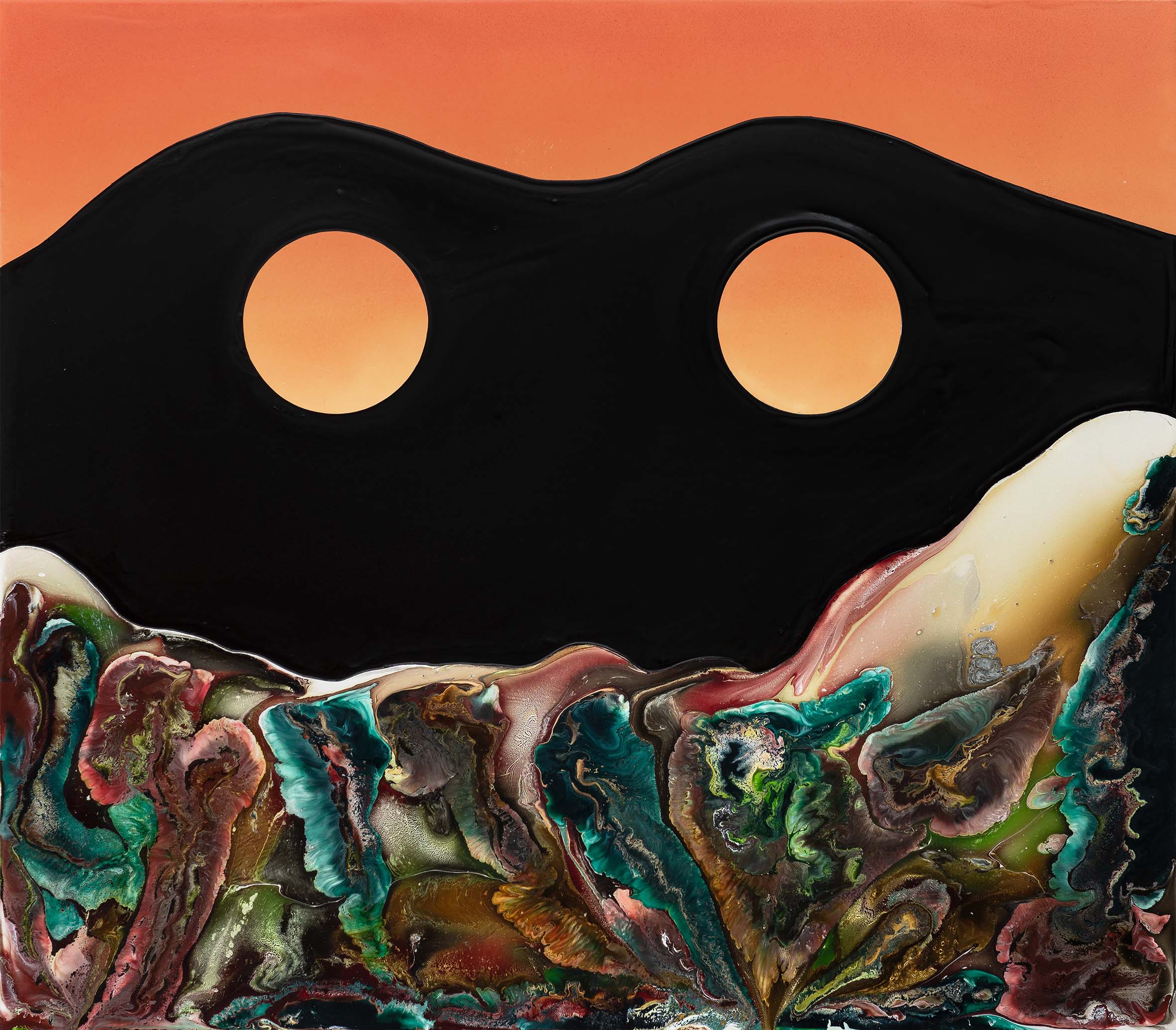 Dave Bopp, Spook, 2022, Polyurethane-Acrylharzlack, Abtönkonzentrat, Acrylfarbe, Tusche und Pigment auf Aluminium-Verbundplatte, 92 x 105 cm.