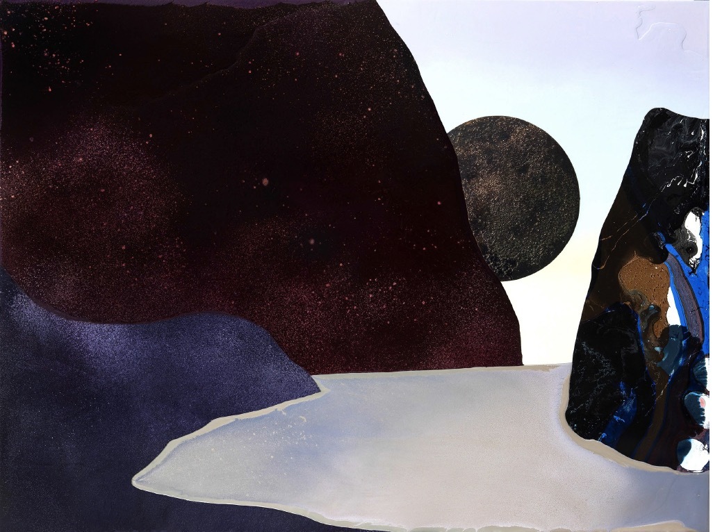 Dave Bopp, Dawning, 2022, Polyurethane-Acrylharzlack, Abtönkonzentrat, Acrylfarbe, Tusche und Pigment auf Aluminium-Verbundplatte, 120 x 160 cm.